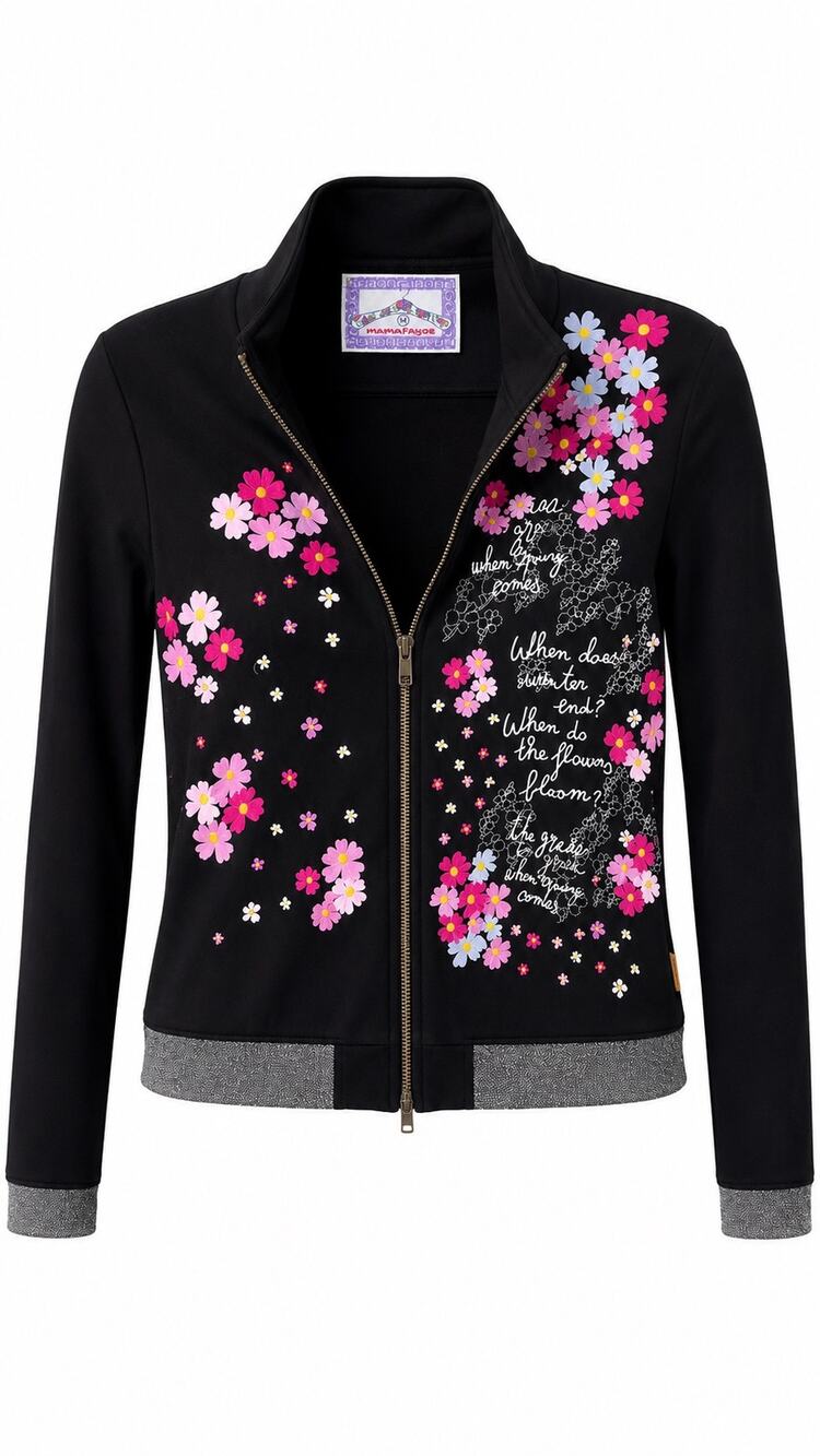 Mamatayoe Floral Embroidered Black Zip-Up Jacket Size M